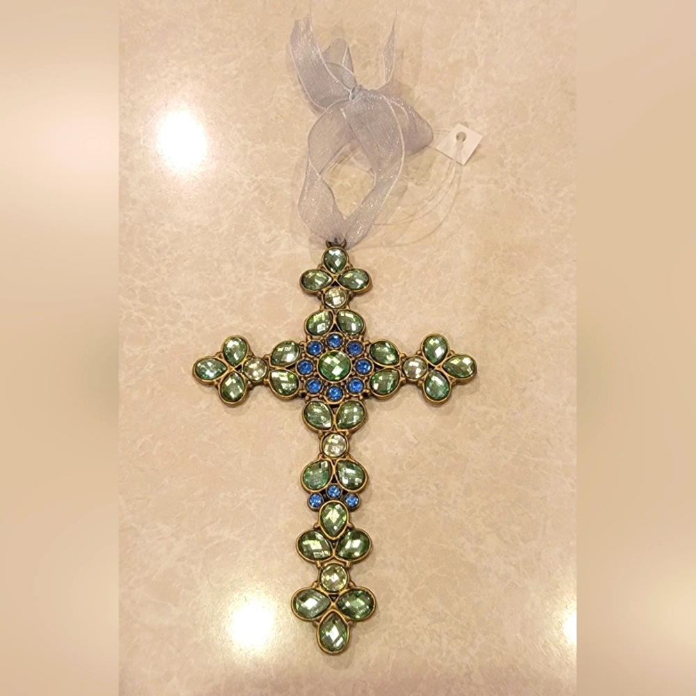 Beatiful Decorative Metal Cross with Green & Blue Gems, about 4" x 3"